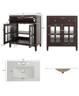 Bathroom Vanity with Sink, Modern Solid Wood Cabinet with Textured Glass Doors, Flip-Out Tray & Adjustable Shelf