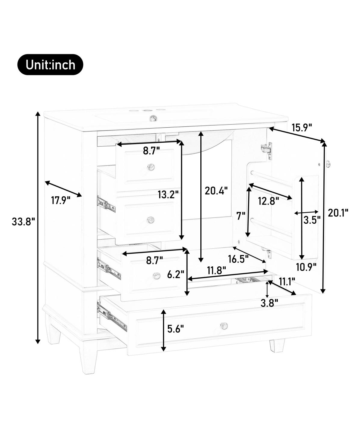 Sillysis 30'' Bathroom Vanity with Ceramic Sink, Solid Wood Frame, Multi-Drawer Storage & Soft Close Door for Modern Bathrooms