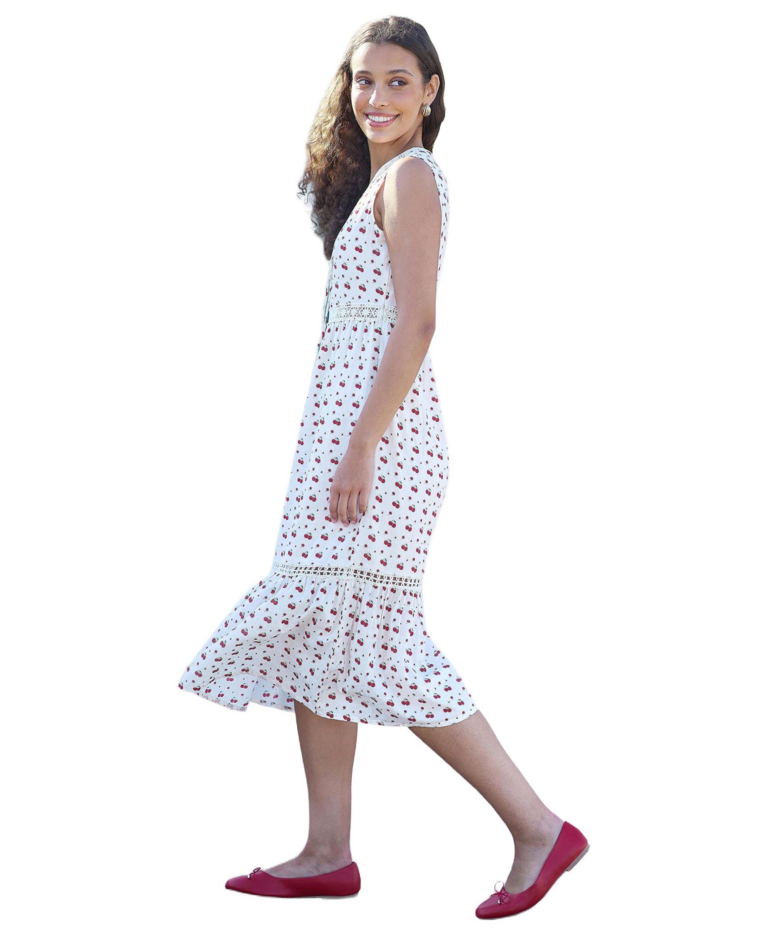 Women's Cherry Print Lace Trim Cotton Midi Dress