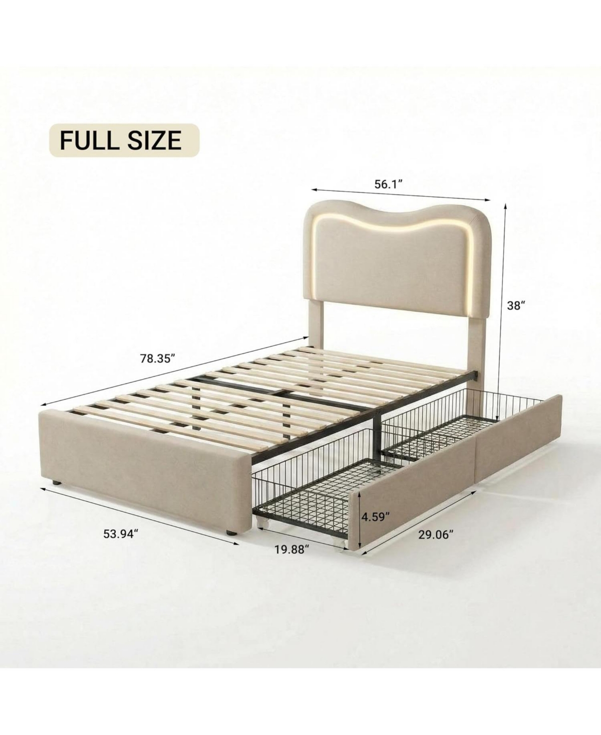 gaomon Boucle Bed Frame with 2 Storage Drawers, Upholstered Platform Bed with Led Headboard, Solid Wood Slats Support