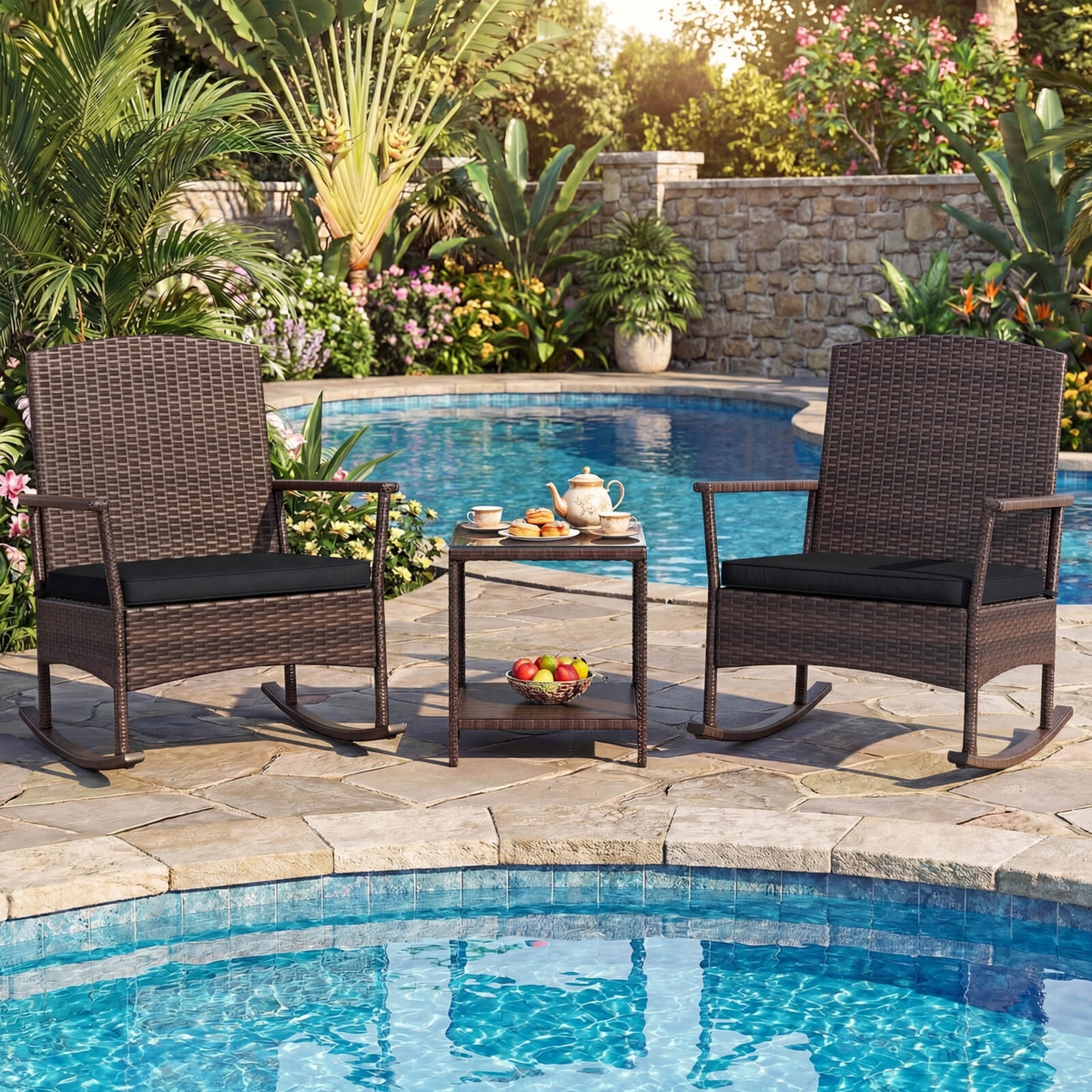 3 Piece Patio Rocking Set Wicker Chairs with 2-Tier Coffee Table