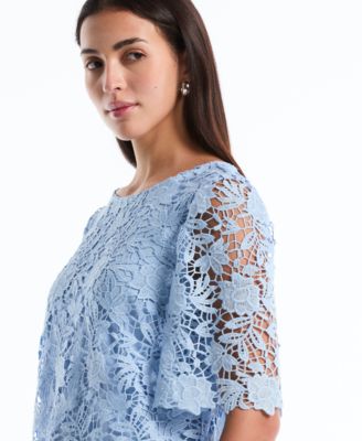 Petite Scalloped Elbow-Sleeve Lace Top