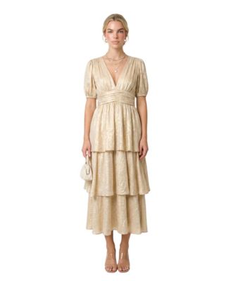 Women's Shimmering Puff Sleeve Deep V-Neck Maxi Dress