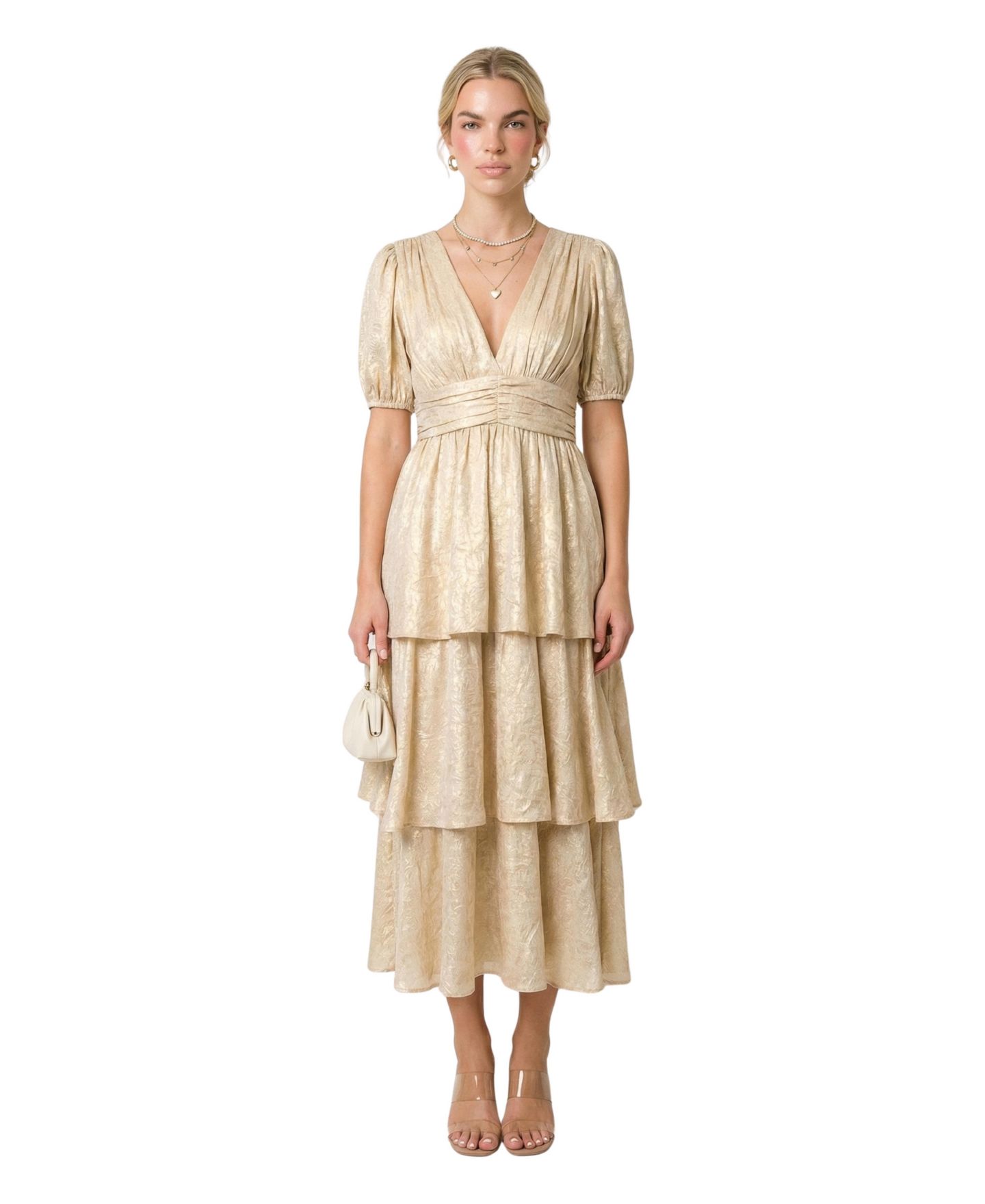 Женское платье Modenaire Shimmering Puff Sleeve Deep V-Neck Maxi, цвет: Шампань золотой — фото 1