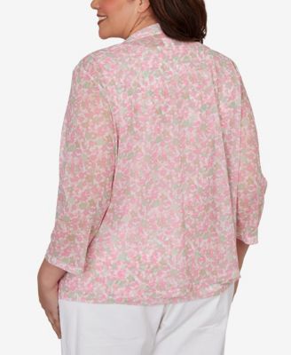 Plus Size Printed Mesh 3/4-Sleeve Cascade Cardigan Sweater