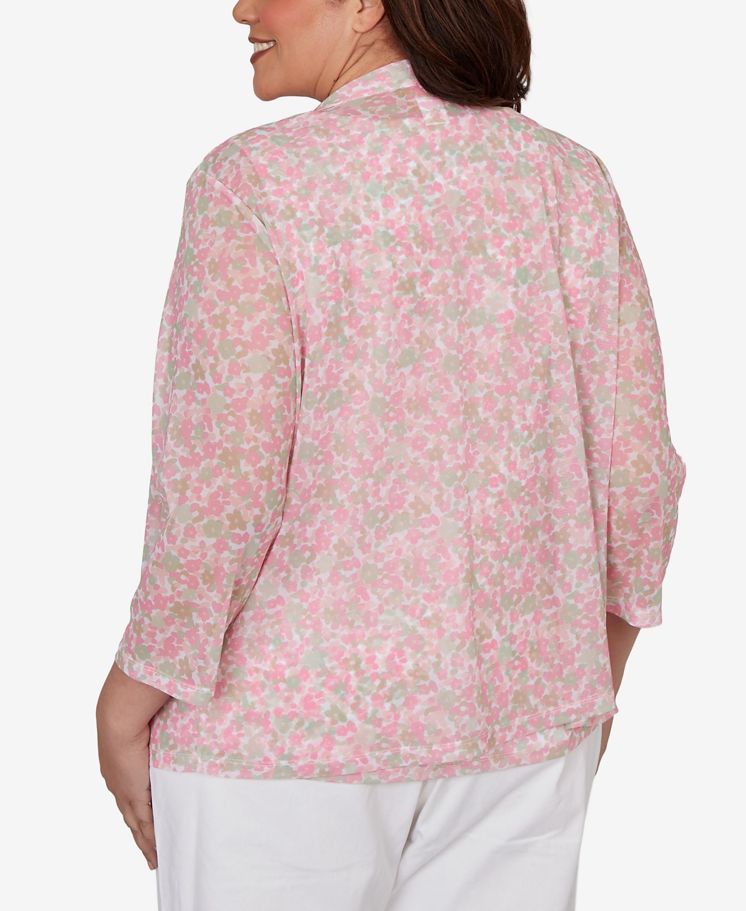 Plus Size Printed Mesh 3/4-Sleeve Cascade Cardigan Sweater
