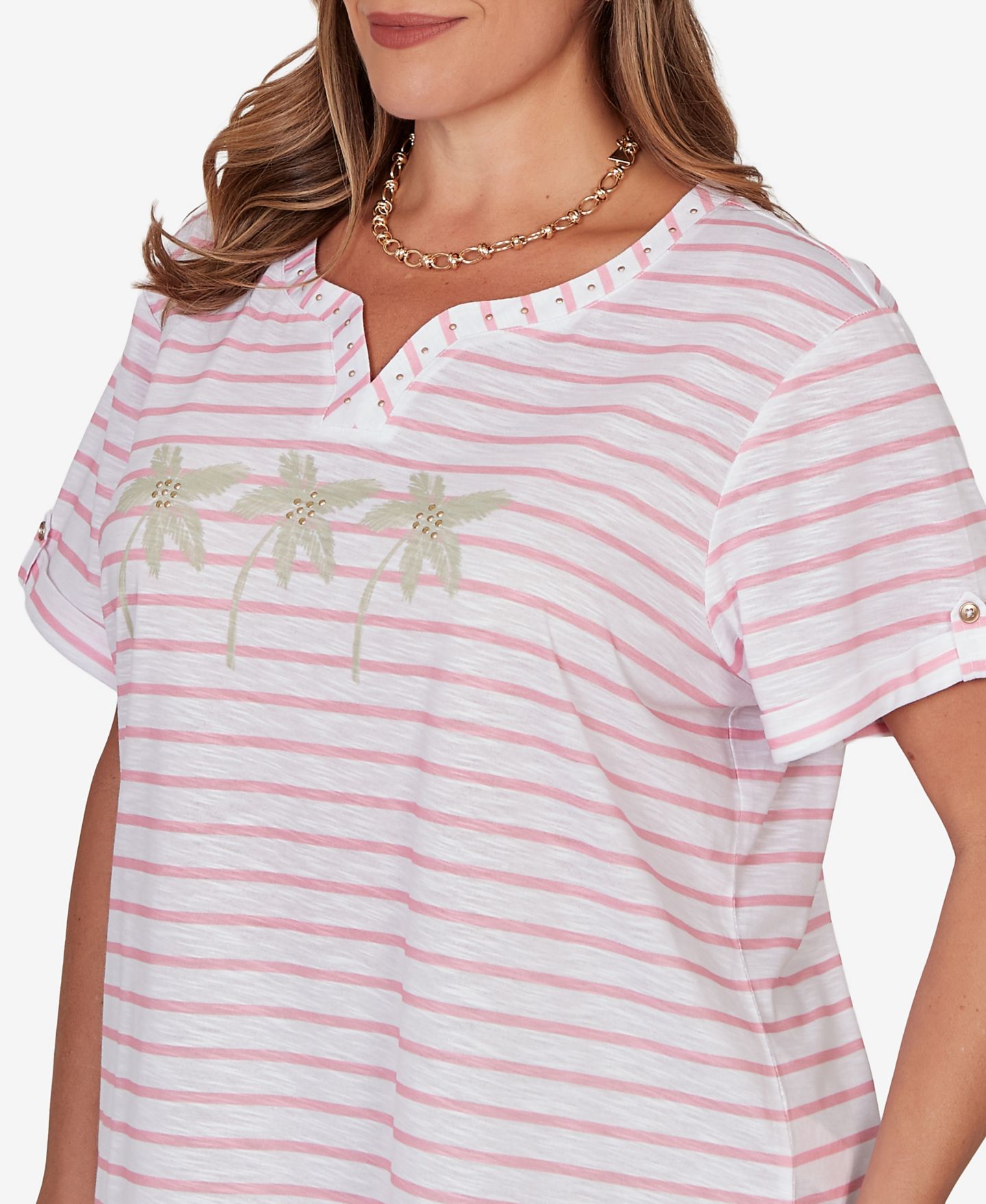 Женский топ HEARTS OF PALM Plus Size Printed Slub with Banded Neck, цвет: Разноцветный — фото 3