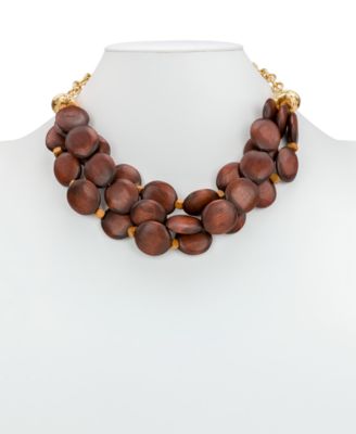Gold-Tone Plated 3 Strand Wood Beaded Necklace