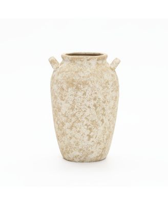 Vintage Pottery Off-White with Brown 15.75-Inch Tall Round Ceramic Vase