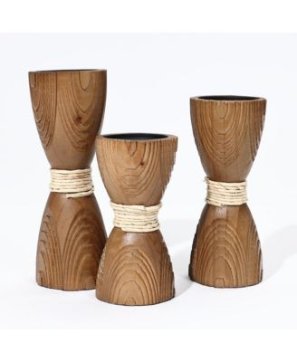 3-Piece Pine Wood with Rattan Pillar Candle Holder Set