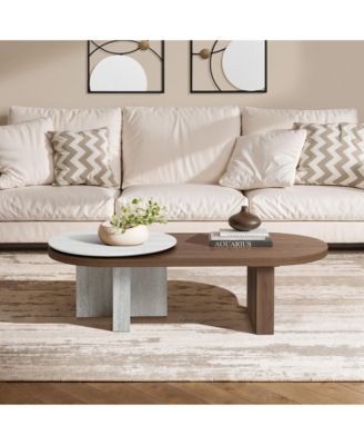 Travertine-Style and Walnut Finish MDF Wood Oval Coffee Table