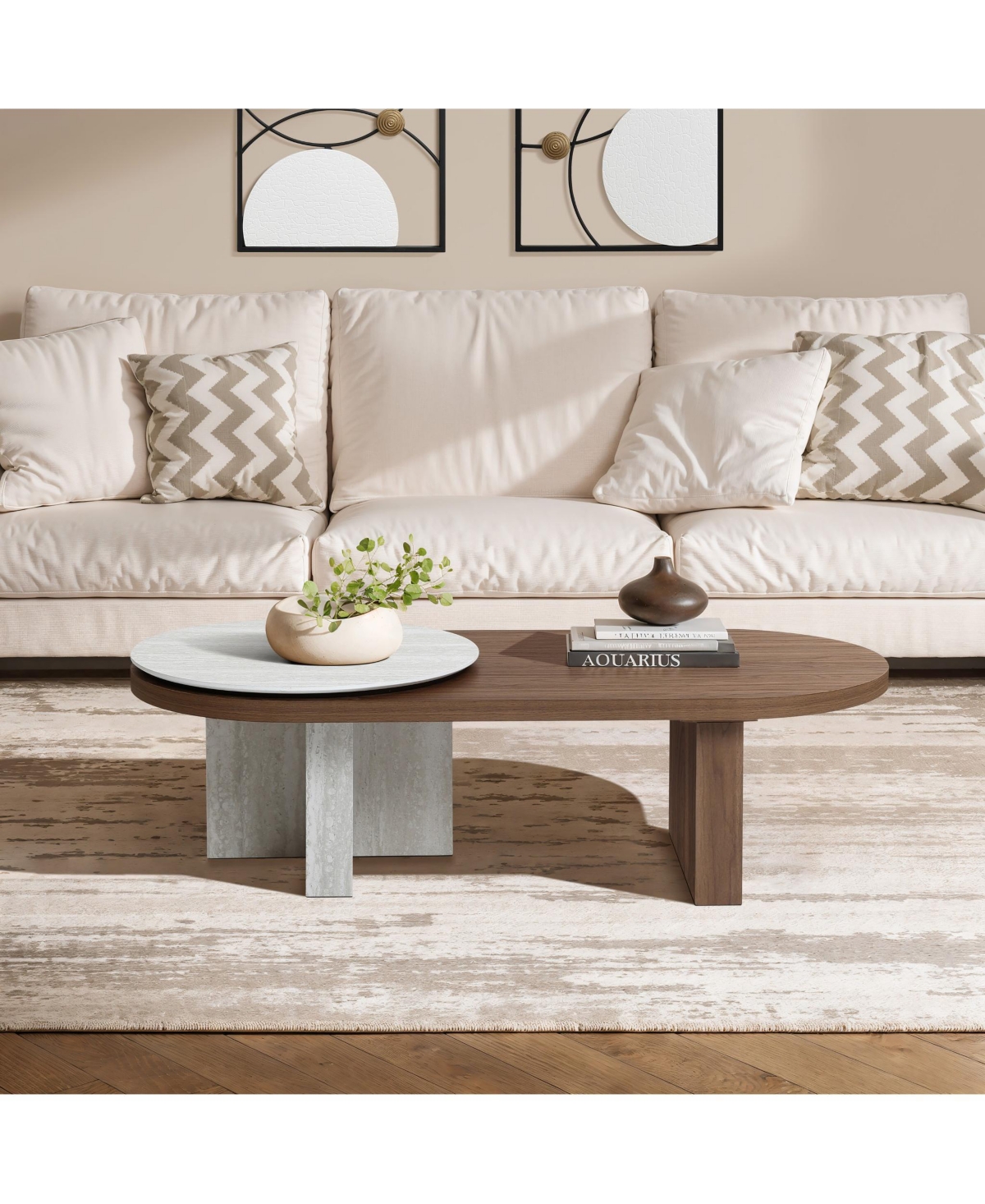 LuxenHome Travertine-Style and Walnut Finish Mdf Wood Oval Coffee Table