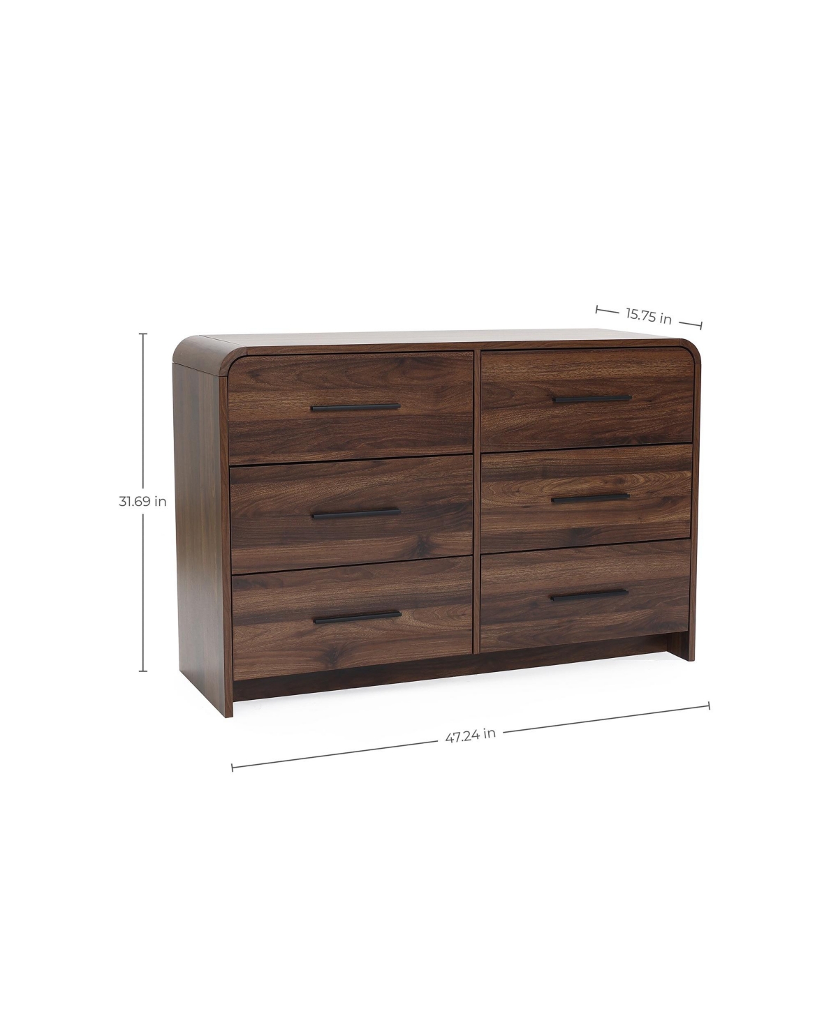 LuxenHome Modern Walnut Finish 6-Drawer Dresser, Engineered Wood Storage Chest with Rounded Corners