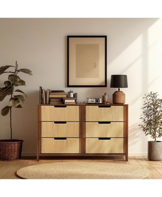 Walnut Finish MDF Wood with Rope Front 6-Drawer Horizontal Dresser