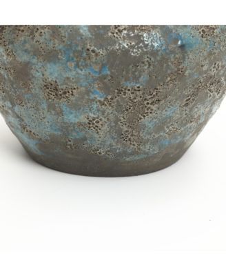 Antiqued Blue & Brown Terracotta Vase with Handles, 9" Round Farmhouse Vintage Pottery