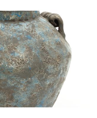 Antiqued Blue & Brown Terracotta Vase with Handles, 11" Round Farmhouse Vintage Pottery
