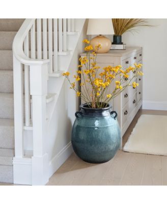 Ocean Blue Ceramic Vase with Handles, 17.5" Tall Rounded Pot for Rustic or Coastal Decor