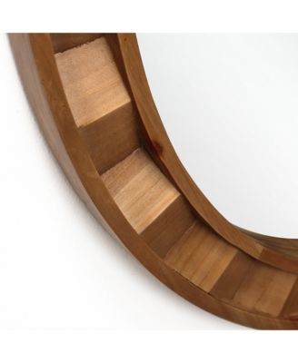 Natural Wood Frame Round Wall Mirror, 28” Rustic Wooden Decor
