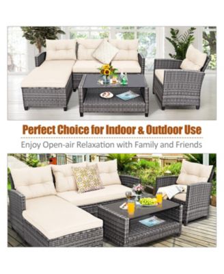 4 Pieces Patio Rattan Sofa Furniture Set with Cushion and 2-Tier Coffee Table