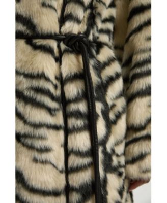 Women's Faux Fur Collarless Tie Belted Midi Coat