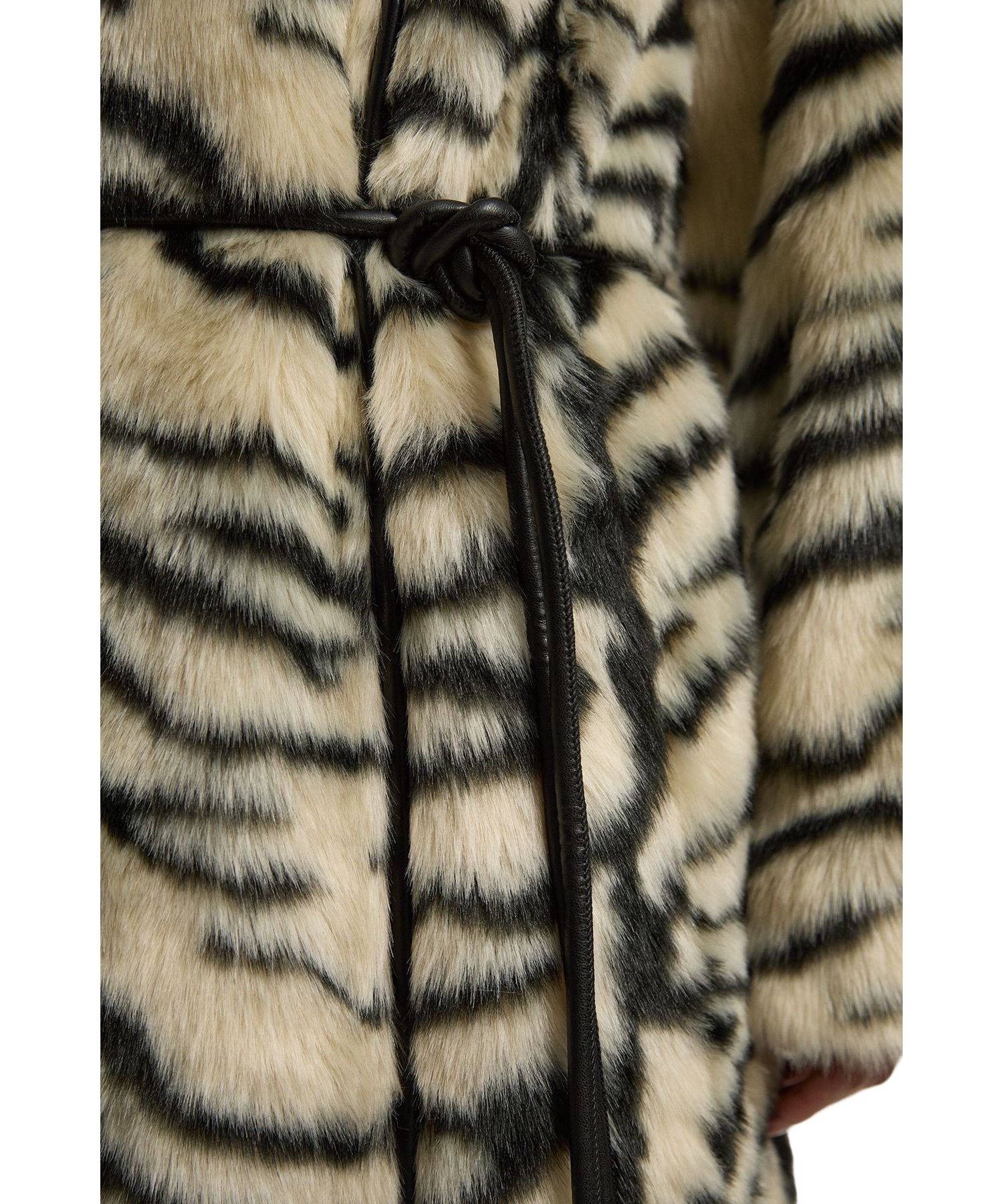Women's Faux Fur Collarless Tie Belted Midi Coat