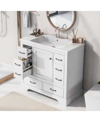 36" Bathroom Vanity with Sink, Solid Wood Cabinet, 6 Drawers & Adjustable Shelf for Modern Storage