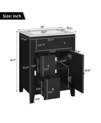 24" Bathroom Vanity with Ceramic Basin, Modern Cabinet with 2 Drawers, Soft-Closing Door & Adjustable Shelf for Small Bathrooms