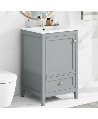 20" Bathroom Vanity with Ceramic Sink, Modern Freestanding MDF Cabinet, Storage Rack Drawer Soft Close for Small Spaces