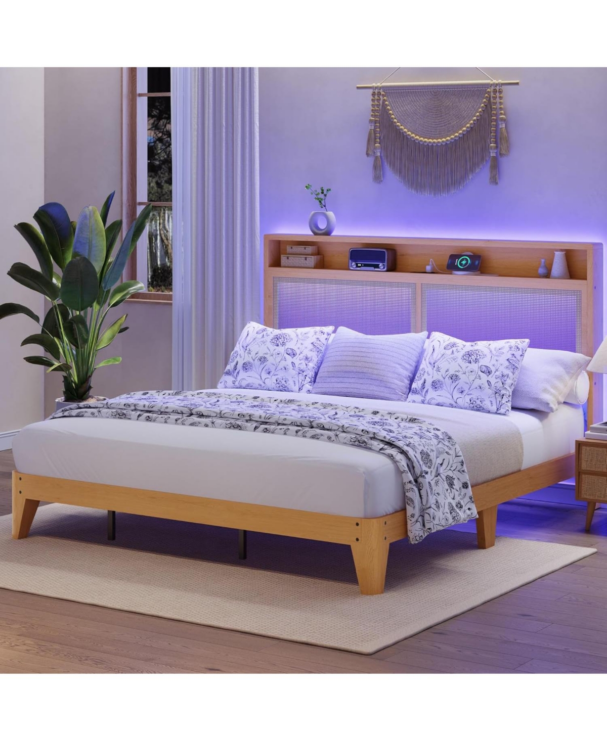 gaomon Rattan Size Bed Frame with Led Lights, Boho Wood Bed Frame with Storage Headboard & Charging Station, Silent Slats