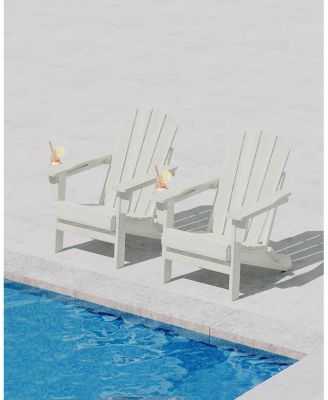Folding Adirondack Chair Set of 2, HDPE Outdoor Patio Chair with Cup Holder, All Weather Resistent Wooden Textured for patios, Decks, Gardens