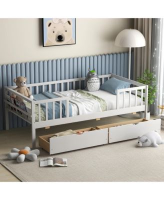 Twin Size Kids Bed w/ Storage 2 Pull-out Drawers Side Shelf for Children and Teens
