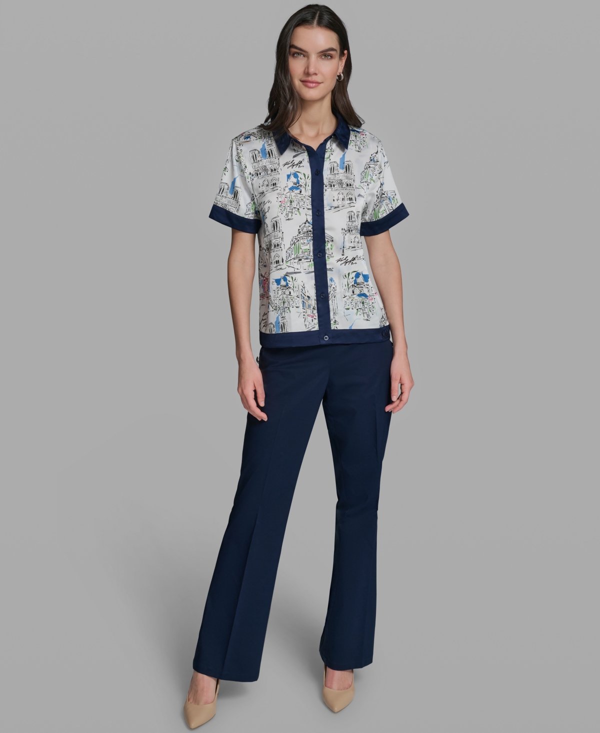 Karl Lagerfeld Paris Women's Short-Sleeve Collared Printed Camp Shirt