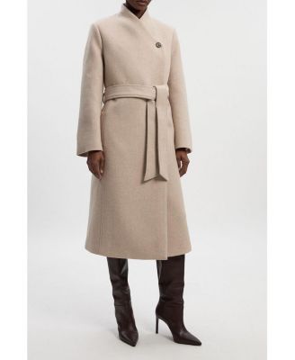 Women's Wool Wrap Neck Tailored Belted Midi Coat