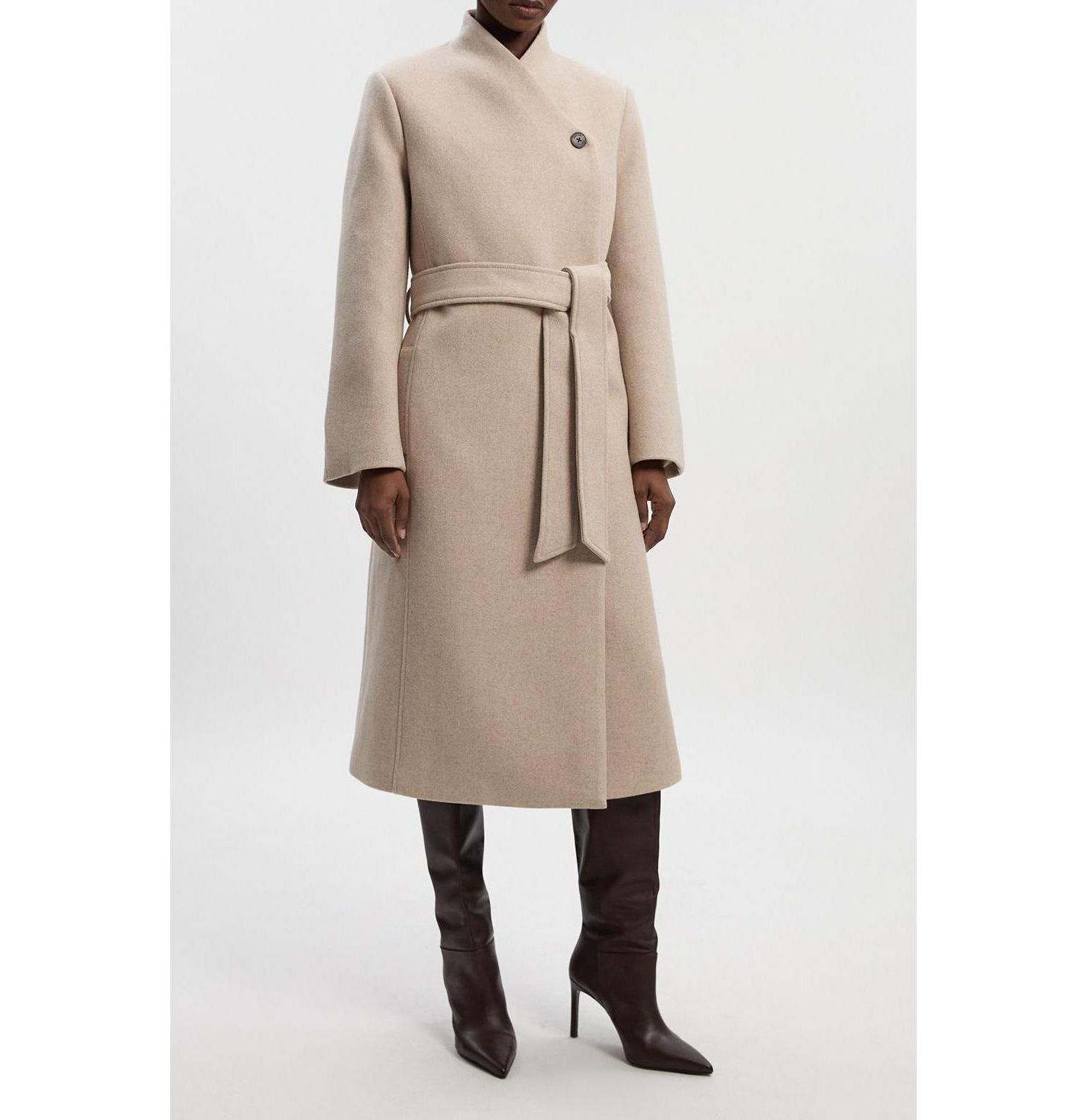 Women's Wool Wrap Neck Tailored Belted Midi Coat