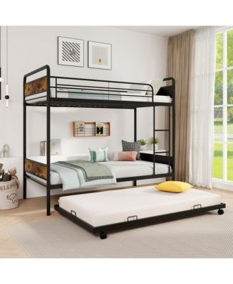 Twin Over Twin Bunk Bed w/ Trundle Industrial Metal Bunkbed Frame