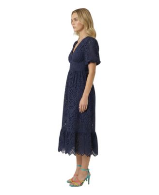 Women's Puff-Sleeve Eyelet Smocked-Waist Midi Dress