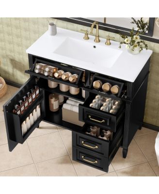 Freestanding Bathroom Vanity with Ceramic Sink, Flip Drawers & Adjustable Shelf, Modern Storage Cabinet
