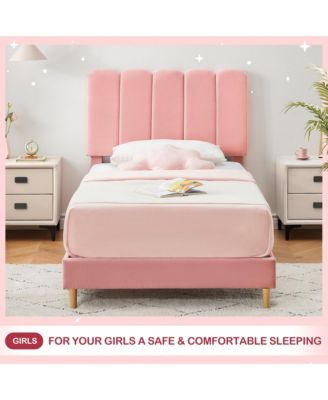 Twin Bed Frame Velvet Upholstered Platform Wave Headboard for Girls Easy Assembly No Box Spring Wooden Slats