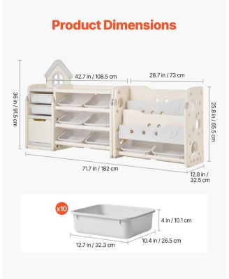 Kids Toy Storage Organizer with Bookshelf, 4-Tier Cubby Cabinet with 10 Movable Plastic Bins, Toy & Book Storage