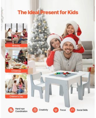 4-in-1 Kids Activity Table & 2 Chairs Set, Double-Sided Graffiti/Blocks Top w/ Storage, Ages 3+