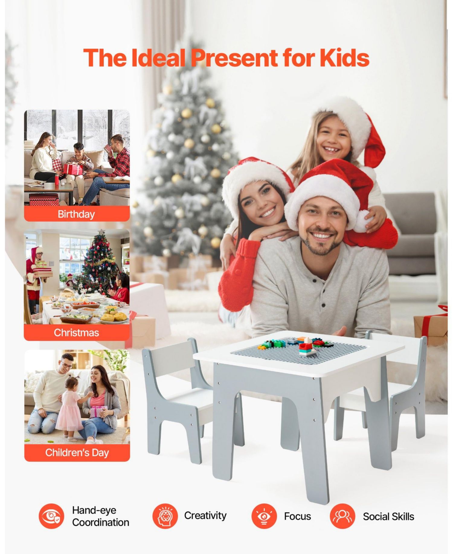4-in-1 Kids Activity Table & 2 Chairs Set, Double-Sided Graffiti/Blocks Top w/ Storage, Ages 3+