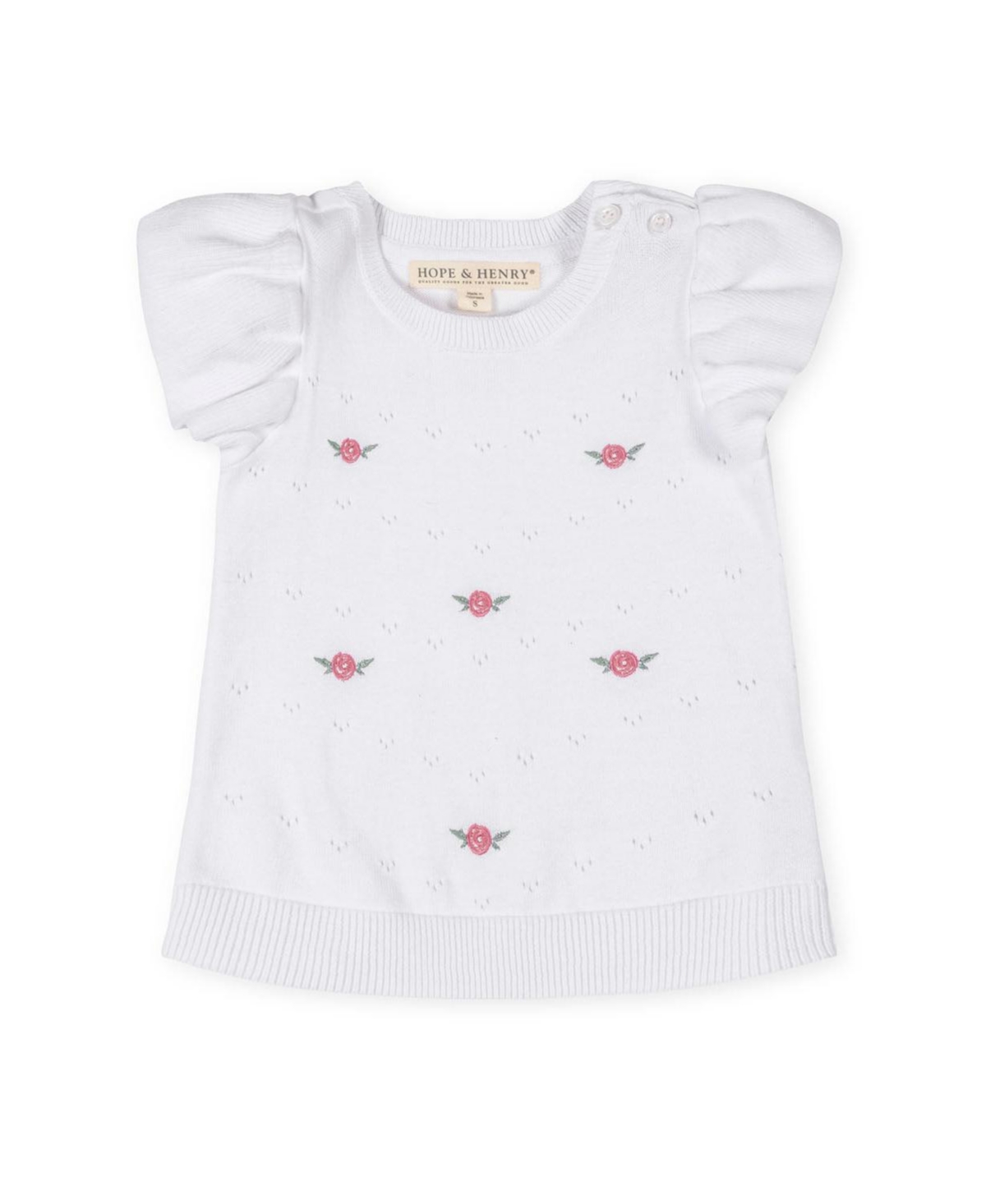 Hope & Henry Girls Organic Ruffle Sleeve Pointelle Sweater - White pointelle with embroidery