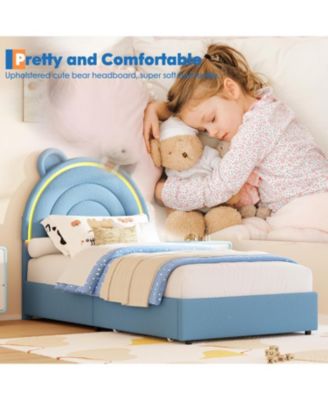 Bed Frame with 4 Storage Drawers & LED Lights, Velvet Upholstered Platform Bed with Rainbow Headboard for Kids/Boys