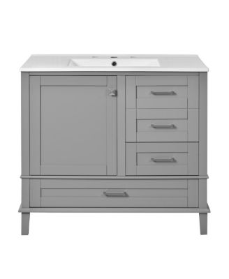 36" Bathroom Vanity with Ceramic Sink, Solid Pine Frame, Soft Close Drawers & Door for Small Spaces