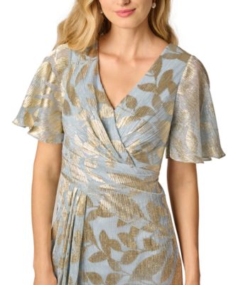 Women's Foil Leaf Flutter-Sleeve Draped Gown