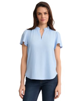 Petite Collared V-Neck Flutter Short-Sleeve Top