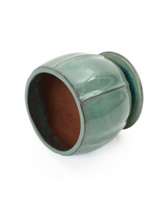 Glossy Gradient Teal Ceramic Planter, 10-Inch Tall Ridged Container with Connected Tray