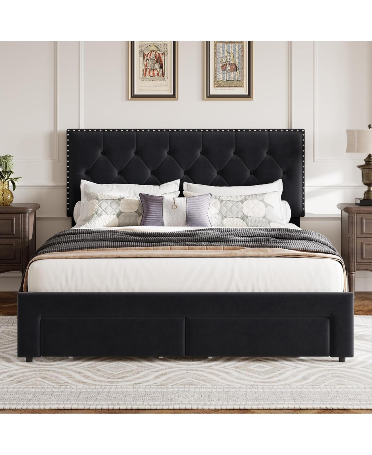 gaomon Bed Frame with 2 Storage Drawers, Vintage Velvet Headboard Bedframe with upholstered Platform, Wooden Slat Support, Noise Free