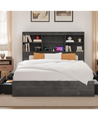 Bed Frame with Storage Headboard, Wooden Bed Frame with Charging Station, Storage Bookcase & Platform Bed with 4 Drawers