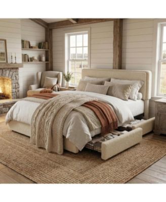 Teddy Fleece Bed Frame, Cloud Cream Bed Frame with 2 Storage Drawer and Adjustable Headboard, Soft Teddy Fabric, Easy Assembly